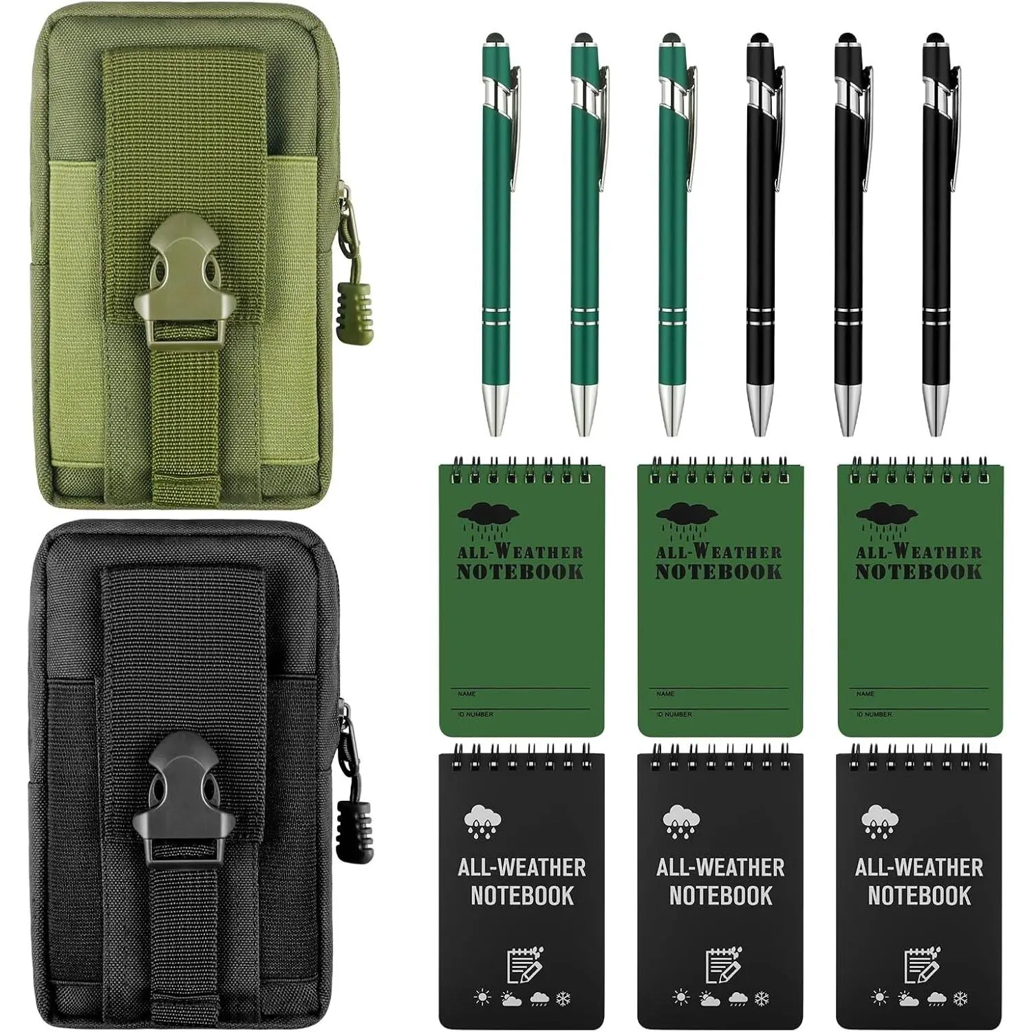 14 PCS Waterproof Notebook Set, 6 Write in the Rain Notebook, 6 Write in the Rain Pen, 2 Waterproof Multi Functional Waist Pack, Field Notebooks Kit for Outdoor Activities Recording (Black+Army Green)Gift.