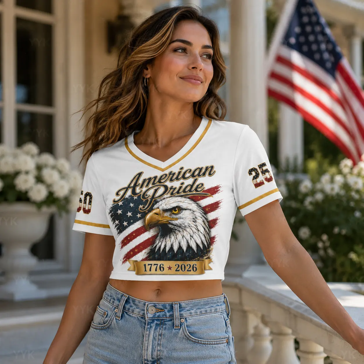 Women's Cropped Baseball Jersey with USA 250th Anniversary Graphic, V-Neck Short-Sleeve Button-Up, Casual Sporty Streetwear for 4th of July, Casual Sporty Top, Fashion Jerseys, Polyester, Crop Fit, America250, Flag, Crop Cut