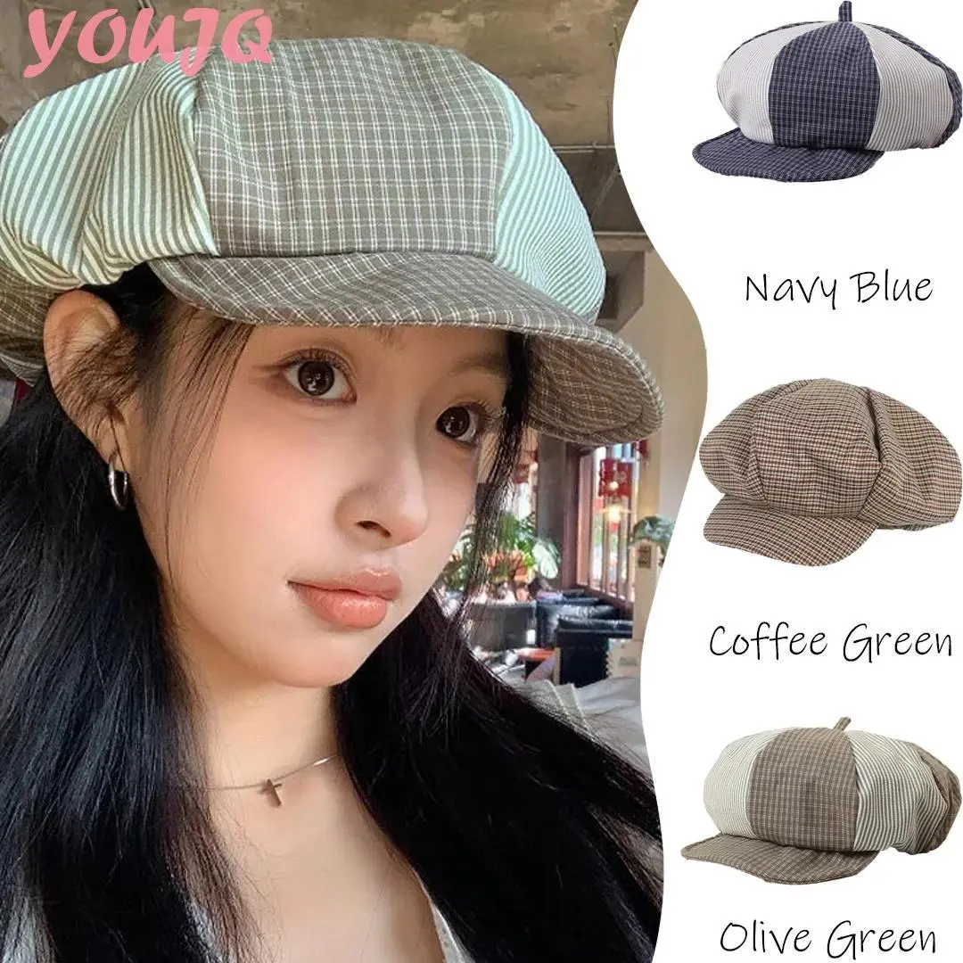 Y2K Oversize Retro Plaid Cloud Beret Hat for Women Spring Summer Sunshade Octagonal Newsboy Cap Mushroom Hat Casquette Homme