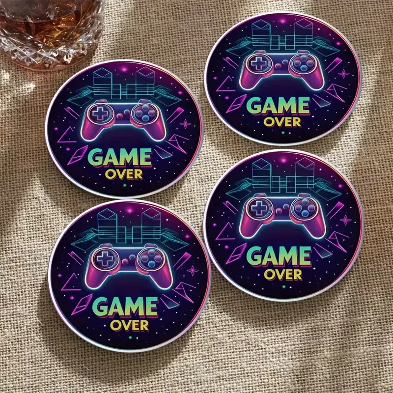 4-piece wooden coasters with neon game controller motifs, round drink coasters featuring retro arcade Game Over design, non-slip coasters, ideal for game lovers, game room and bar countertop decoration