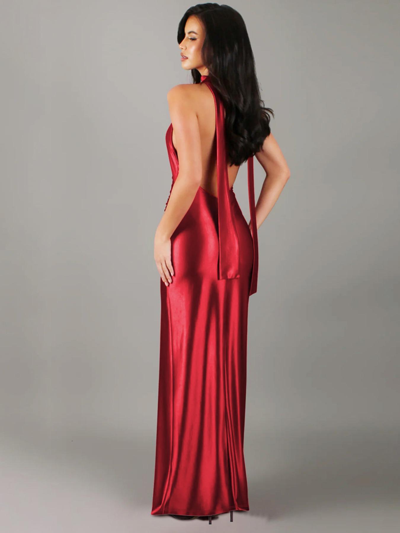 Viral TikTok Slip Dress! Women's Backless Satin Evening Gown |   Split Hem Party Dress for Prom & Wedding, Elegant Summer Formal Wear