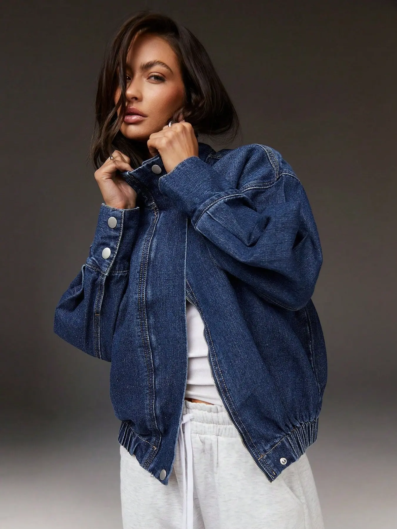 Stand Collar Elastic Hem Denim Baseball Jacket, Loose Fit Bubble Long Sleeve Retro Casual Everyday Short Coat, Comfortable and Stylish Outerwear
