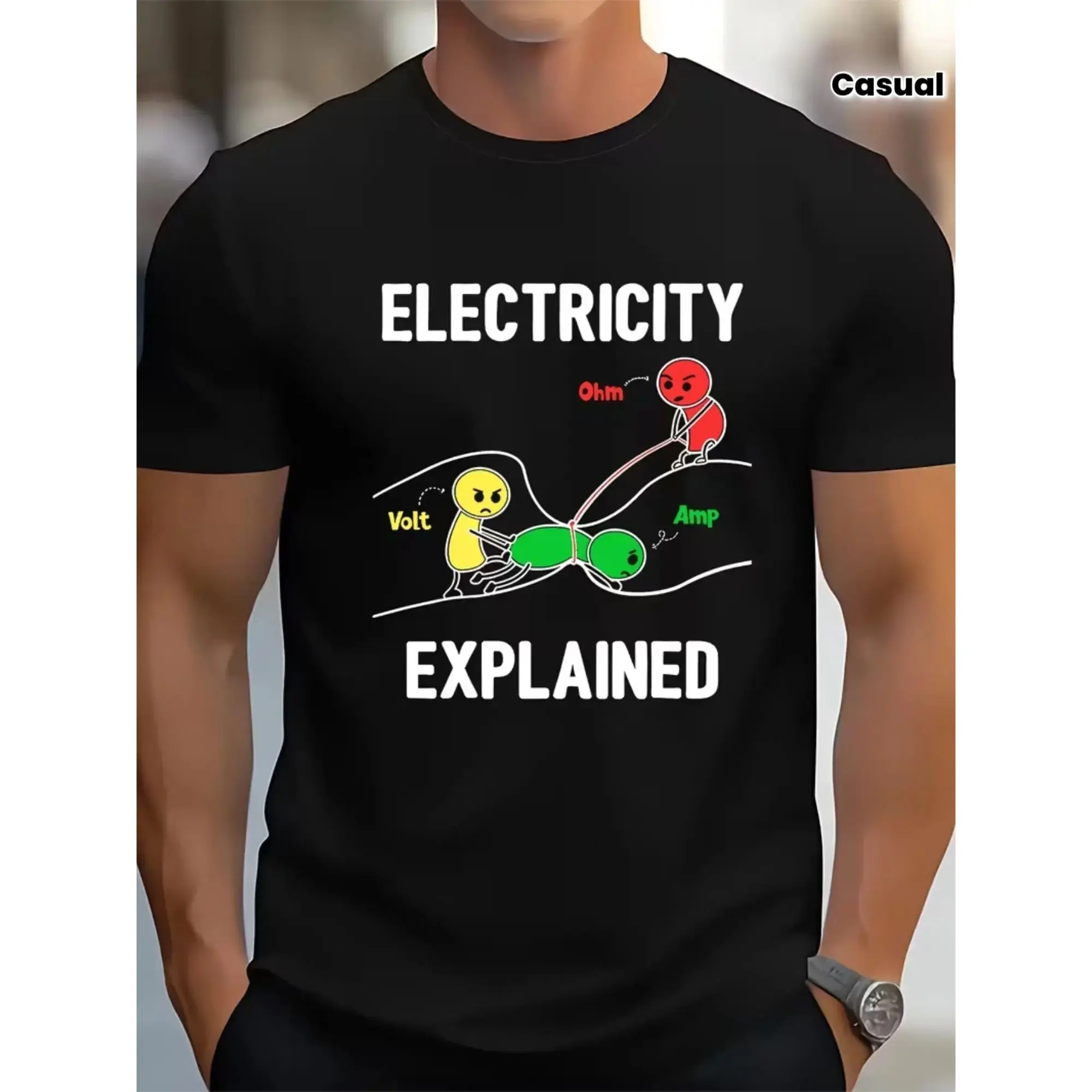 Unisex Fitted Short Sleeve Halloween Graphic T-Shirt - Ohm's Law, Circuit Diagram, Voltage-Current-Resistance Icons, Funny Print - Electrician Casual Wear Sports Top