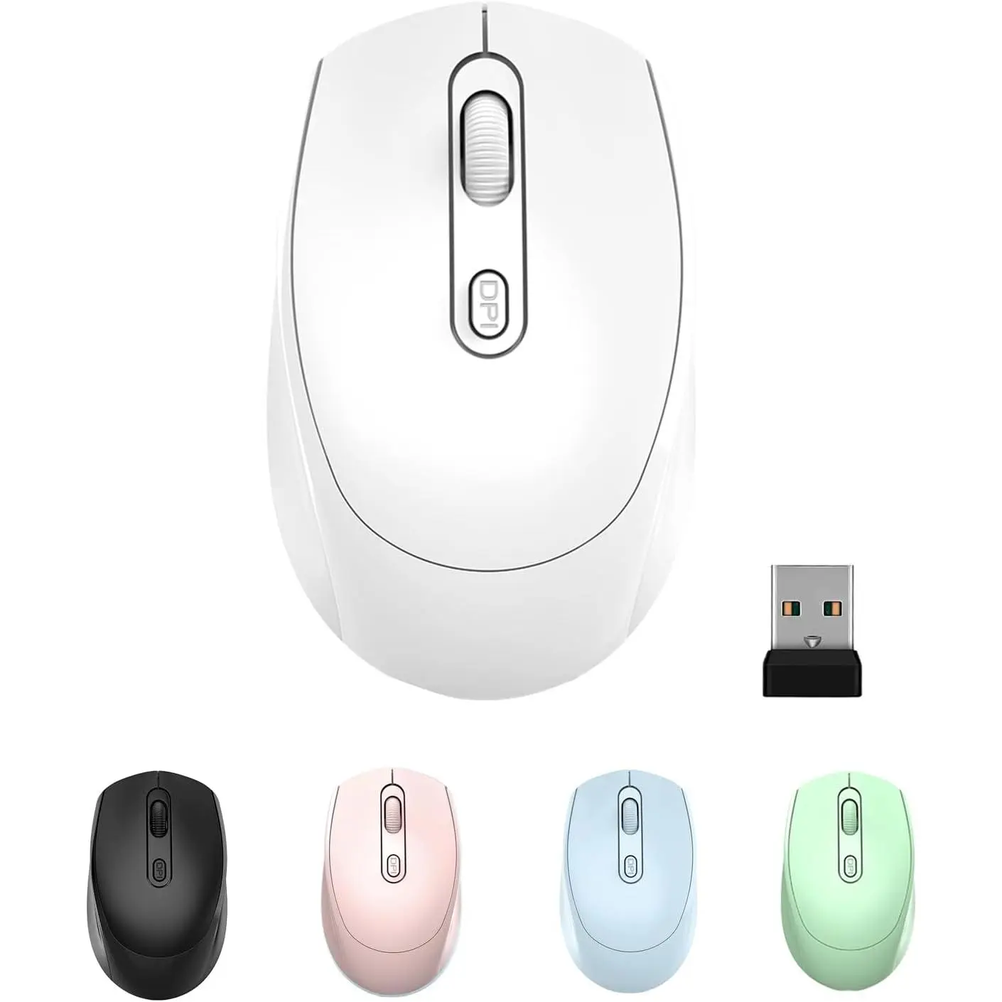 Wireless Silent Ambidextrous Mouse - 2.4G, USB Plug-in Nano Receiver, AA Required, DPI-Adjustable, Synthetic Build, for Laptop PC Chromebook, Windows, School Work (White)