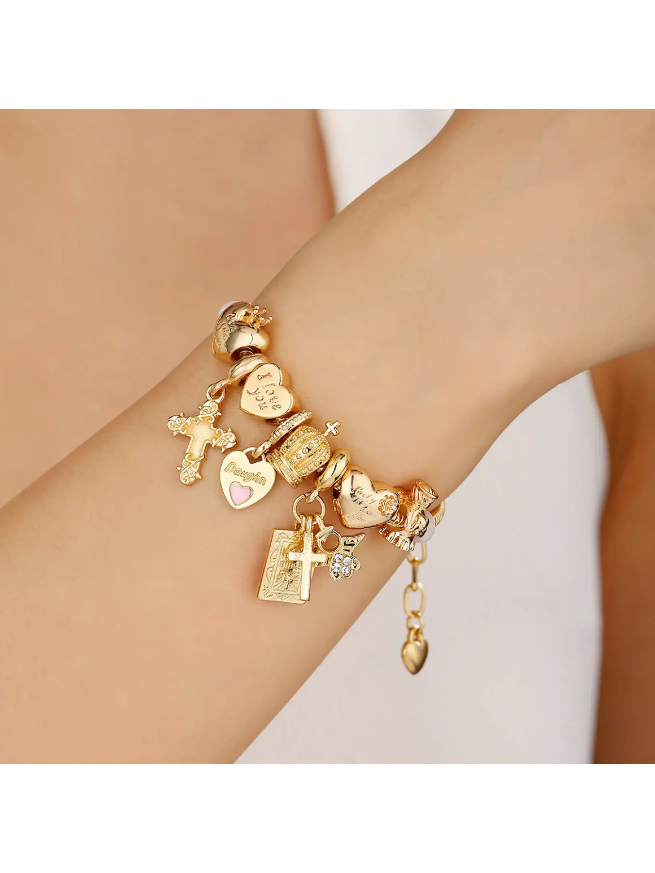 Gold luminous cross, Bible, heart, angel, crown detachable and adjustable bracelet Cross Charm Bangle