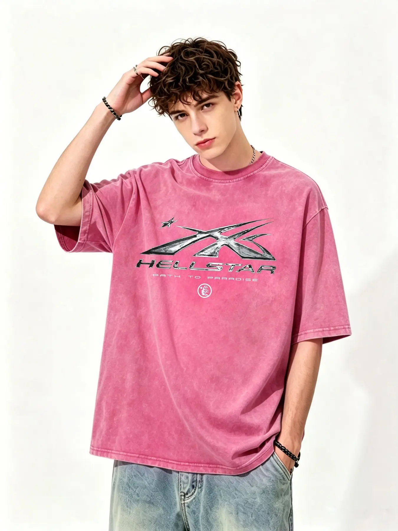Men Women Summer New Trendy Fashion Casual Streetwear Short Sleeve Tee Shirt, Vintage Dark Street Style Washed Tie-Dye Star Flame Design