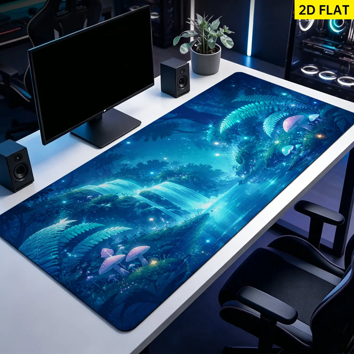 Extra Large glowing blue forest waterfall and mushroom Mouse Pad,Non Slip Rubber Pad,Desktop Decoration Drotection Pad,Washable,Lock Edge Multi Size,Premium Multipurpose Mousepad For Home,Office,Gift for Family and Friends