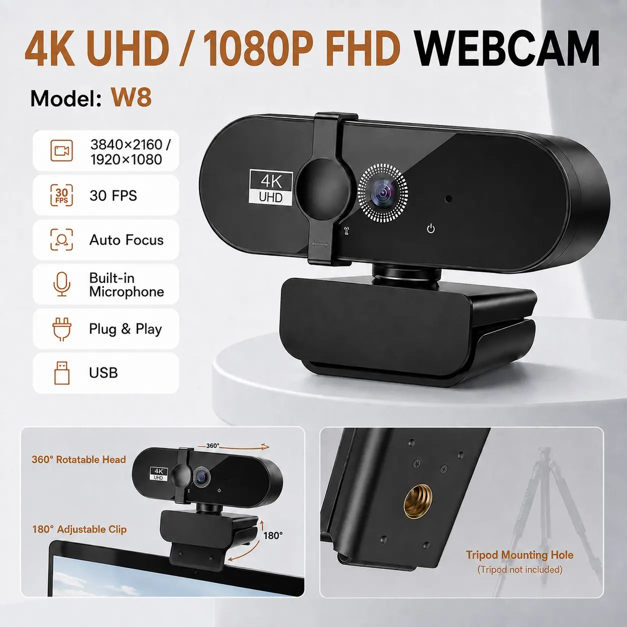 4K Ultra HD Webcam with Auto Focus and Microphone, USB Plug and Play, Ideal for Live Streaming, Meetings, Online Classes, 1080P Network Camera