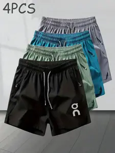 4-Pack Men's Quick-Dry Gym Shorts, Ideal for Running, Fitness, Hiking, Casual Wear, Slim Fit, Breathable, Unisex, Logo Print Design