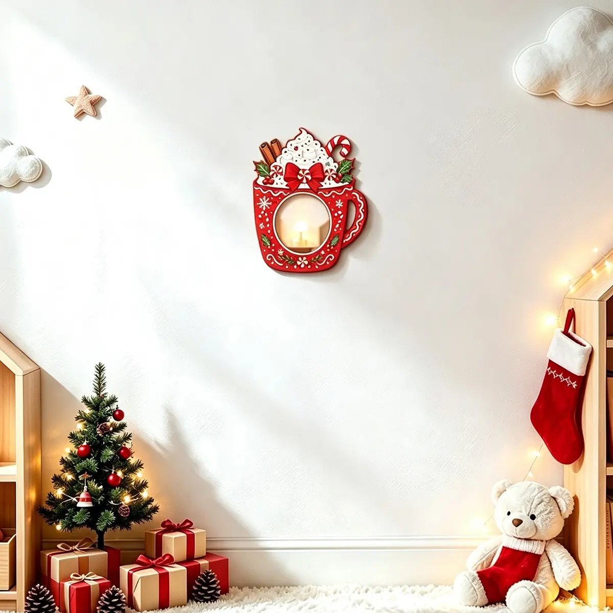 Christmas Wooden Frame Double‑Layer Acrylic Mirror Wall Stickers, Red Cup / Christmas Ball / Gingerbread House Shaped Decor Mirror, Self Adhesive Acrylic Wall Stickers, Bedroom Bathroom Dorm Living Room Wall Decor, Christmas Home Decor, Christmas Gifts