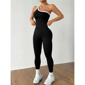 Women Color Block Asymmetrical One Shoulder Seamless Yoga Jumpsuit Ultra Stretchy Knit Tight Fit Full Length Workout Bodysuit for Gym Office Daily Casual Athleisure Wear