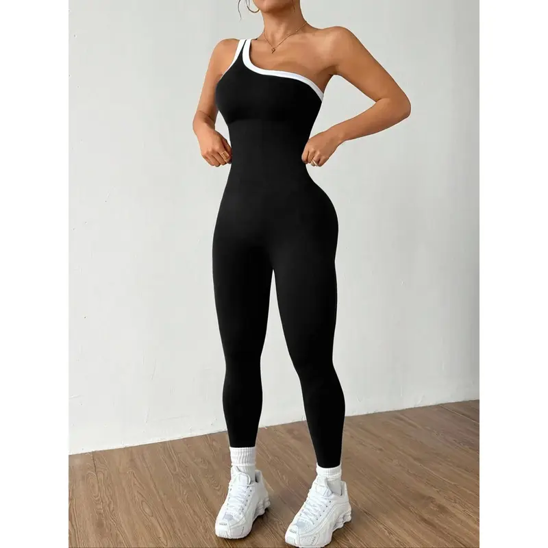 Women's Asymmetric Neck Seamless Color Block Knitting Jumpsuit - Ultra-Stretchy, Body-Hugging, Curve-Flattering, Extra Long Length Athletic Wear for Gym, Athleisure (Female, Above the Ankle)