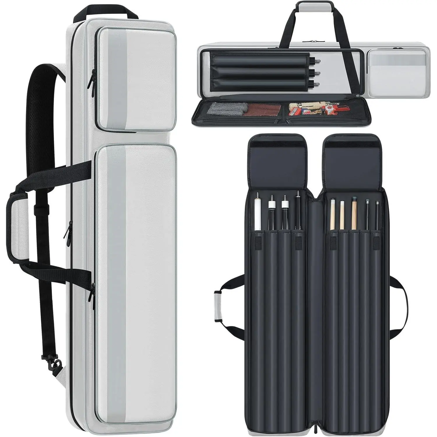 Pool Cue Case 4x5, Pool Cue Carrying Case Soft Padded Billiard Stick Bag with Multi-pocket for 4 Butts and 5 Shafts, Pool Stick Case Cue Bag with Backpack-straps for Pool Cues and Accessories