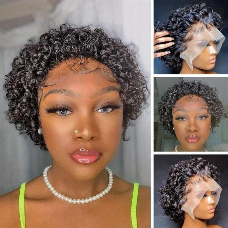 [Curly Blonde Wig] Kinky Curly 13x1 Short Blonde Lace Front Wig |   High-Quality Human Hair with Flocked Highlights, Density Elf Cut, Natural Look for Parties & Casual Attire