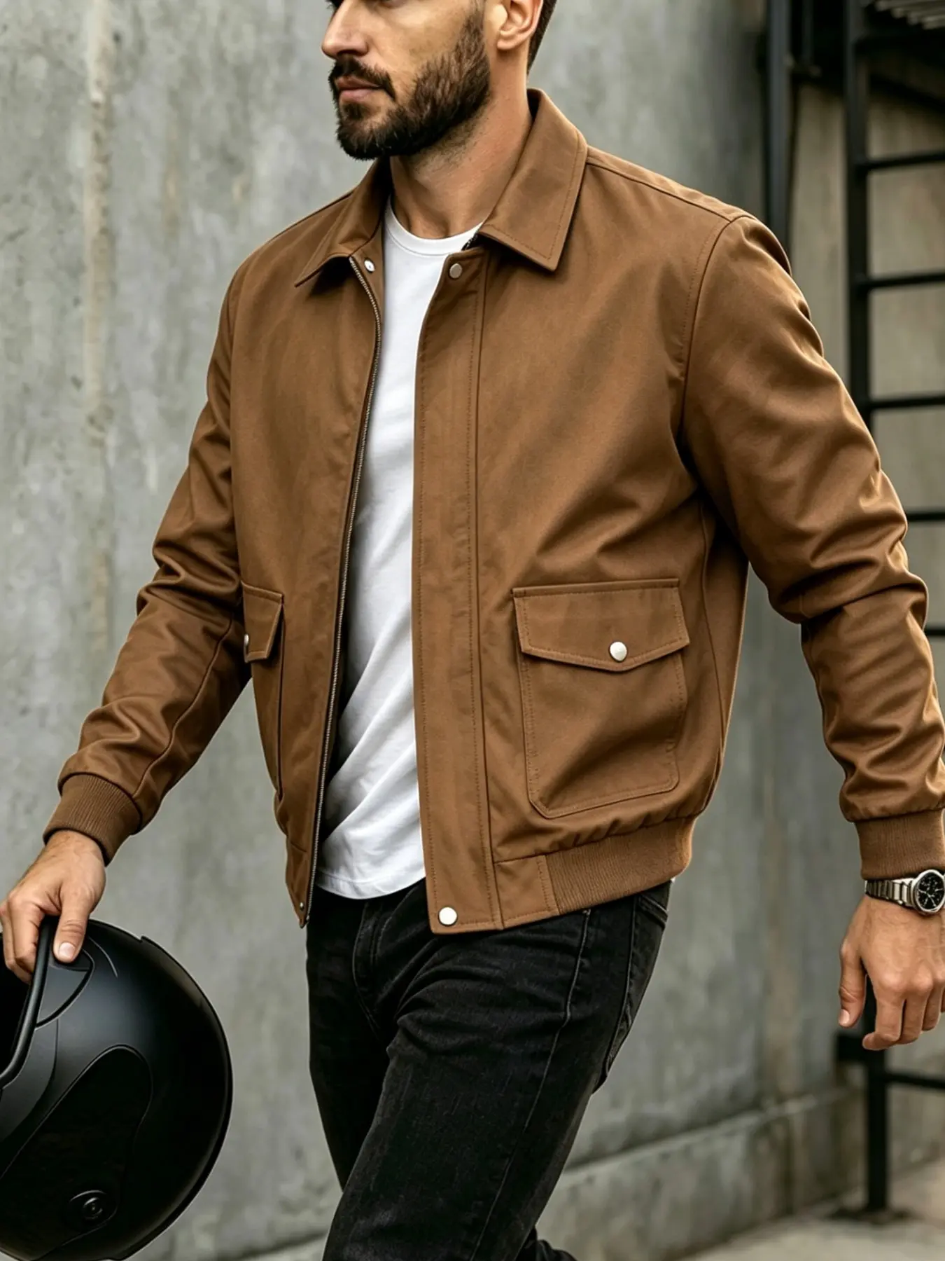 Men's Golf Jacket, Vintage Truck Driver Coat, Lapel Flight Jacket, Flip Pocket, Ribbed Sleeves, Hem, Business Casual Workwear, Fall Winter