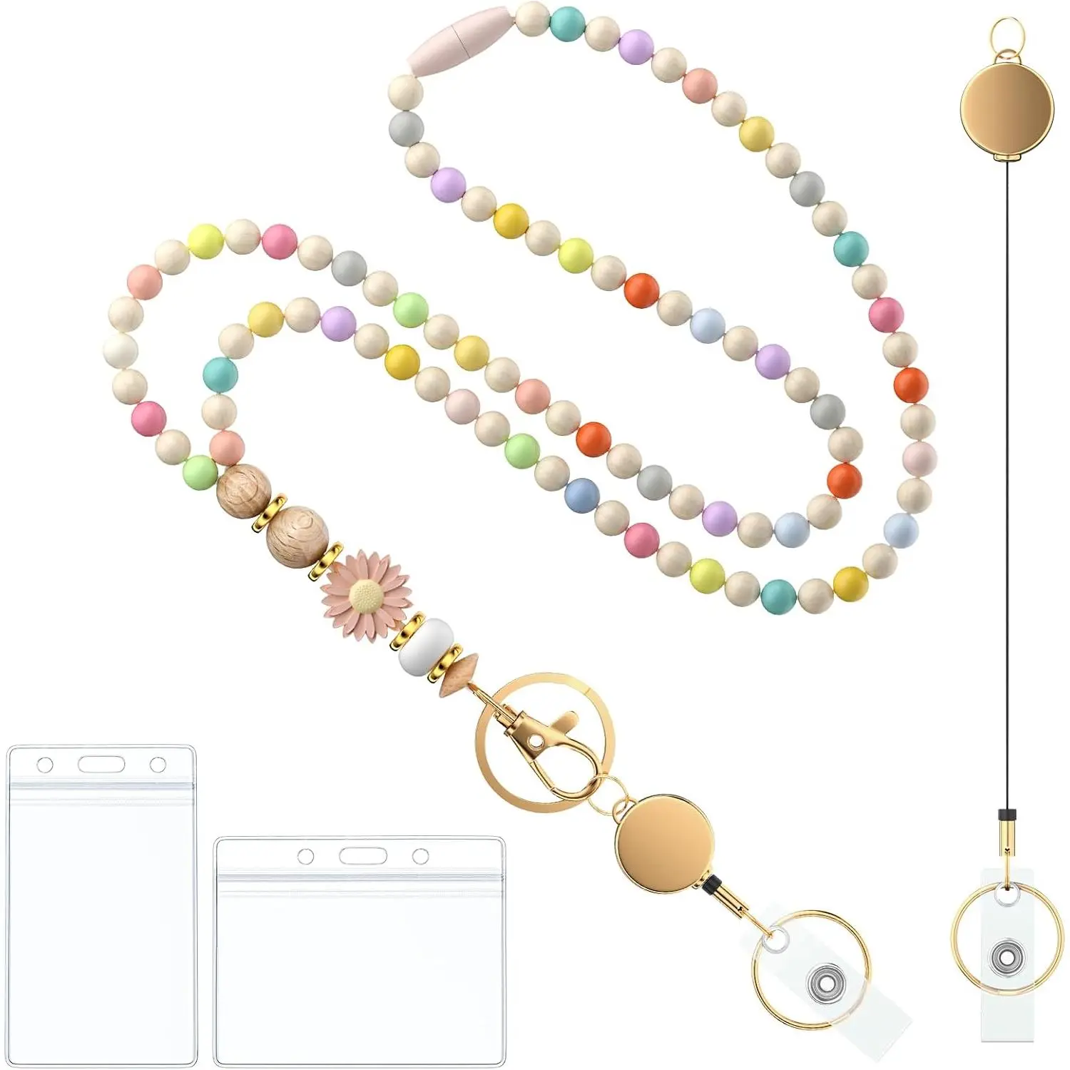 Teacher Lanyard with ID Holder, Badge Lanyards for Women, Wooden Beaded Lanyard, Retractable Breakaway Lanyards for ID Badges and , Cute  Lanyard
