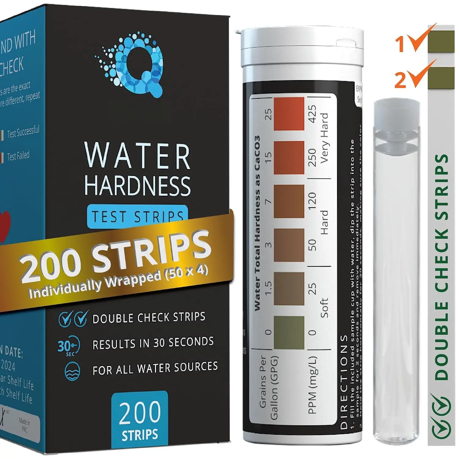 DoubleCheck Water Hardness Test Kit 200 Strips with Sample Cup - Hard Water Testing Strips (0-25 gpg / 0-425 ppm)