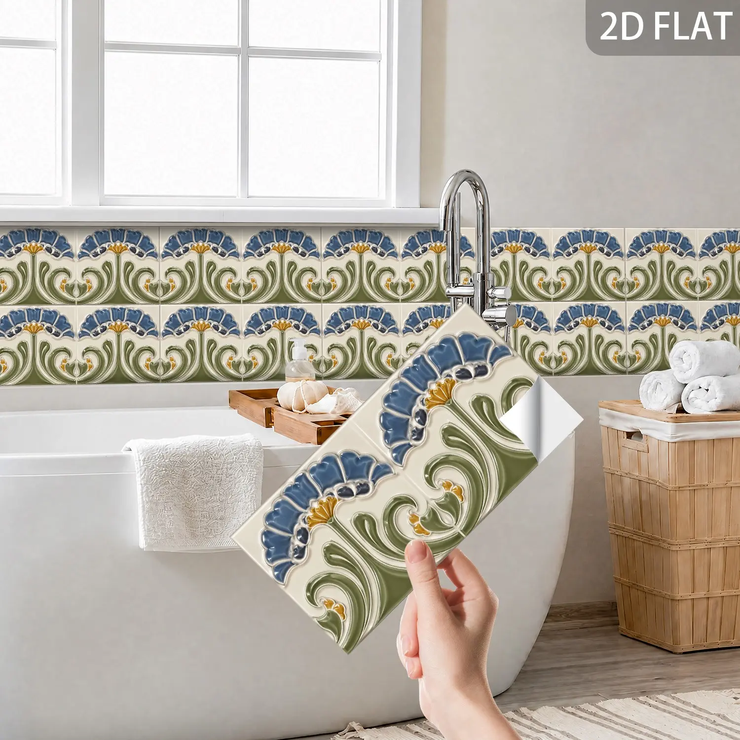 Waterproof Floral Tile Trim Stickers, Retro Backsplash Border Decor, 14x28cm, Flat Sticker Type, Kitchen Setting, Glazed Waistline Tile Sticker
