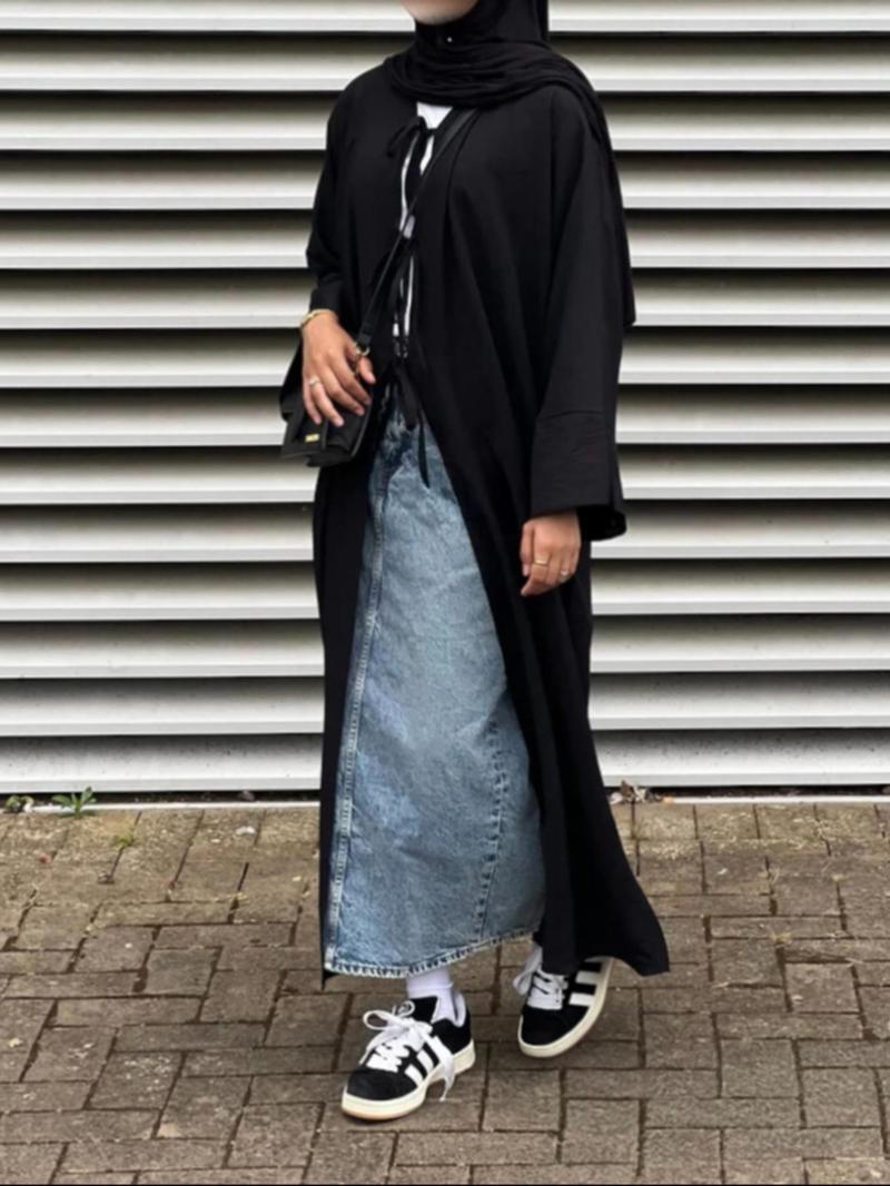 Women's Solid Color Tie Front Open Front Robe, Casual Long Sleeve Long Dress for Daily Wear, Ladies Islamic Clothing for All Seasons, Modesty Muslim Clothing, Muslim Women Gowns