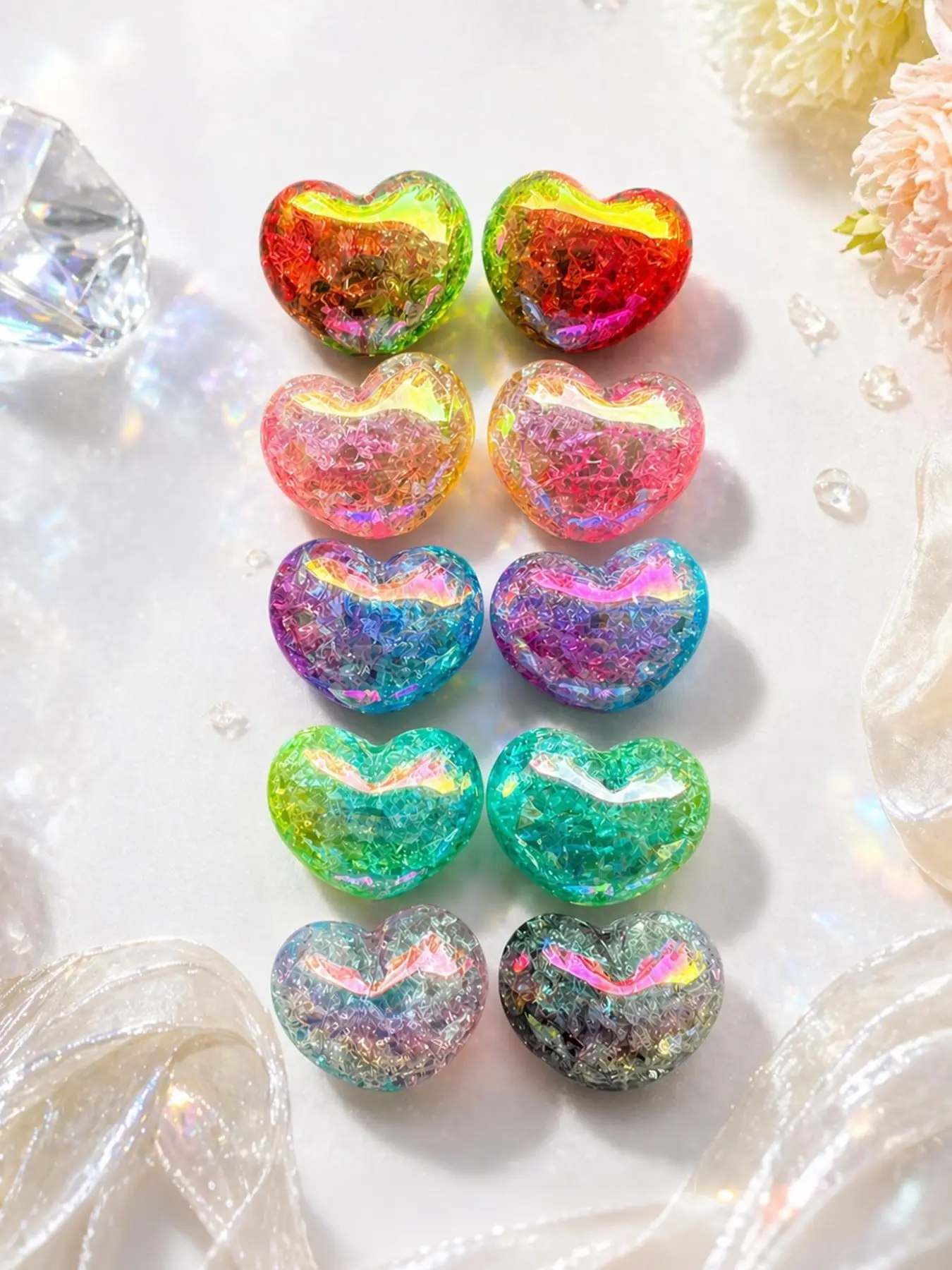 10pcs/22mm Rainbow Gradient Heart Beads, Soft Acrylic DIY Craft Beads with Rainbow Coating, Perfect for Making Keychains, Phone Chains, Pen Decorations