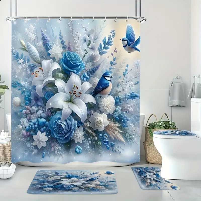 1/4PCS Spring/Summer Floral Hummingbird Shower Curtain Set – Decorative Bathroom Barrier Curtain, Includes 12 Hooks, Non-Slip Mat, Toilet U-Shaped Mat & Toilet Cover, Perfect Gift for Bedroom & Bathroom Decor