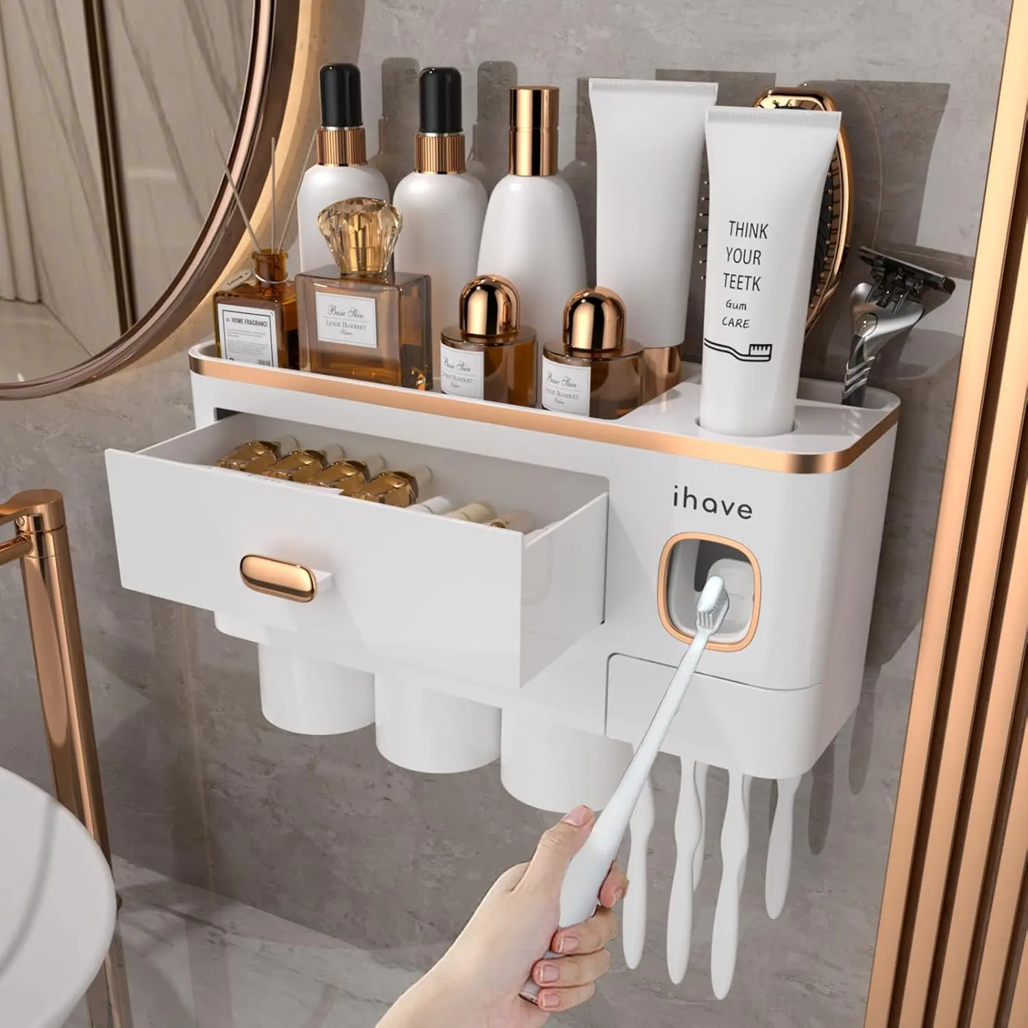Toothbrush Holders Bathrooms Wall Toothpaste Dispenser & 3 Cups| Elegant White & Gold Decor: 3 Cups, 6 Slots, Toothpaste Dispenser, Tray & Drawer Wall Toothbrush Organizer