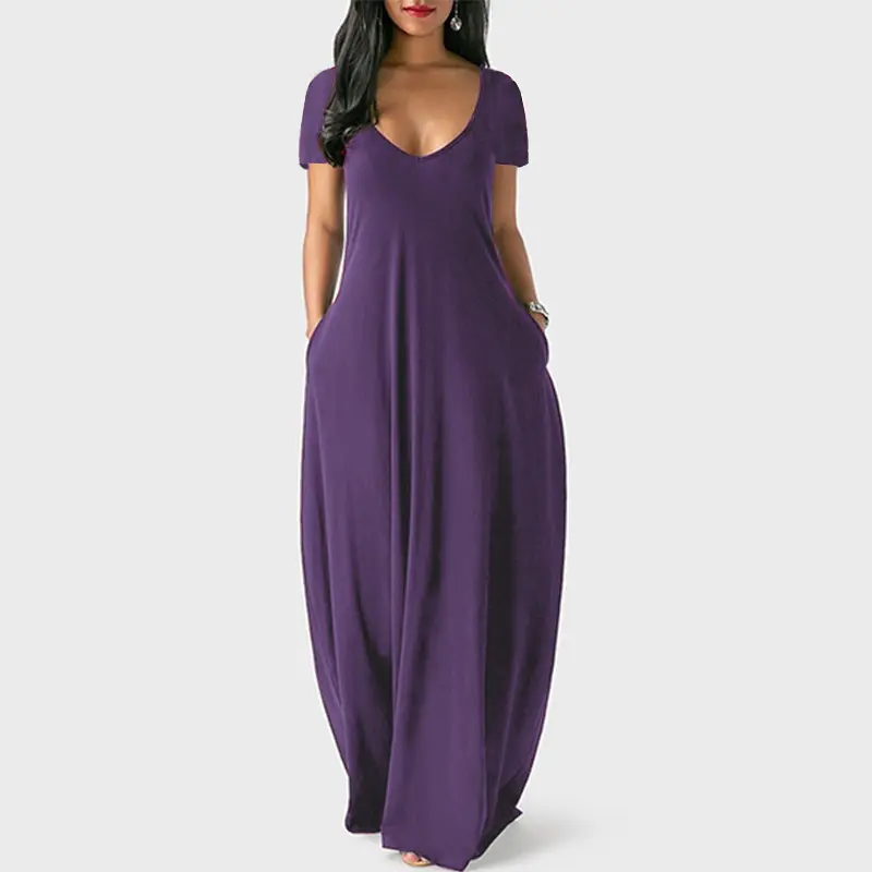 Women's long dress, casual fit style, large round neck, short sleeves with pockets, soft fabric, suitable for all seasons