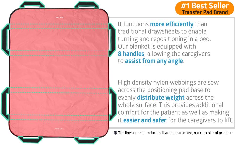 Multipurpose 48" x 40" Positioning Bed Pad with Reinforced Handles - Reusable & Washable Patient Sheet for Turning, Lifting & Repositioning --Sided Nylon, Pink