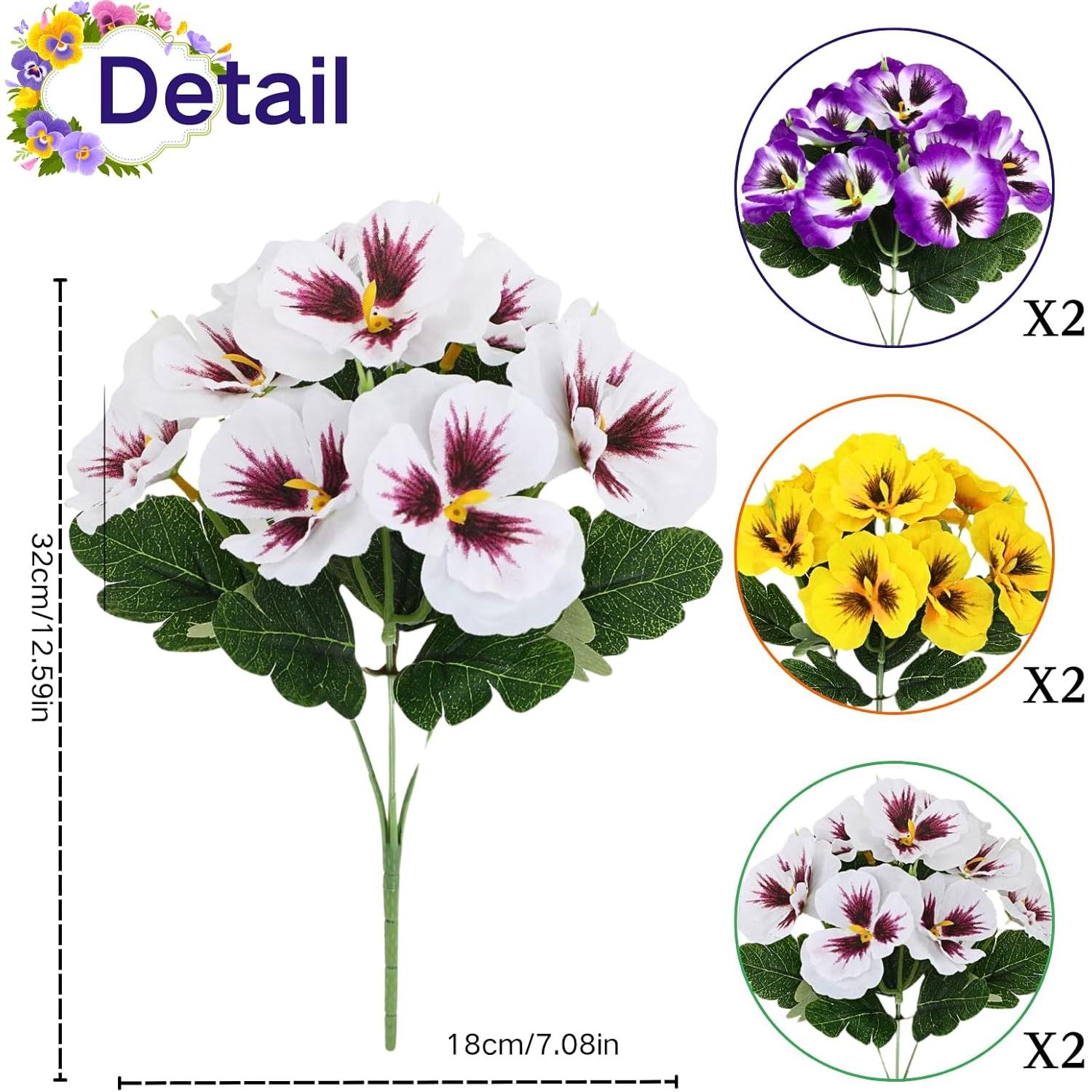 12 Bundles Artificial Pansy Flowers for Outdoor Fake Small Wild Flower Faux Pansies for Home Wedding Kitchen Garden Table Centerpieces Indoor Outdoor Decor Artificial Flower Decoration (12, White/Purple/Yellow)