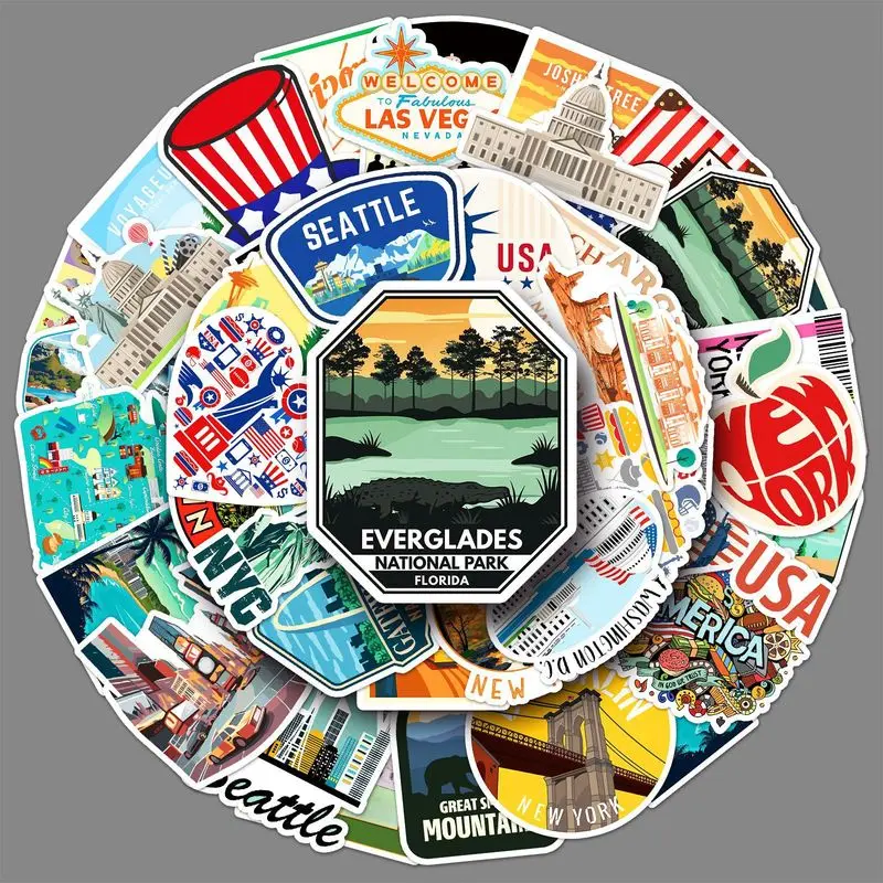 50 Pieces American Graffiti Stickers Personalized Cross Border Decal For Outdoor Travel Scenery Phone Case Water Cup Luggage