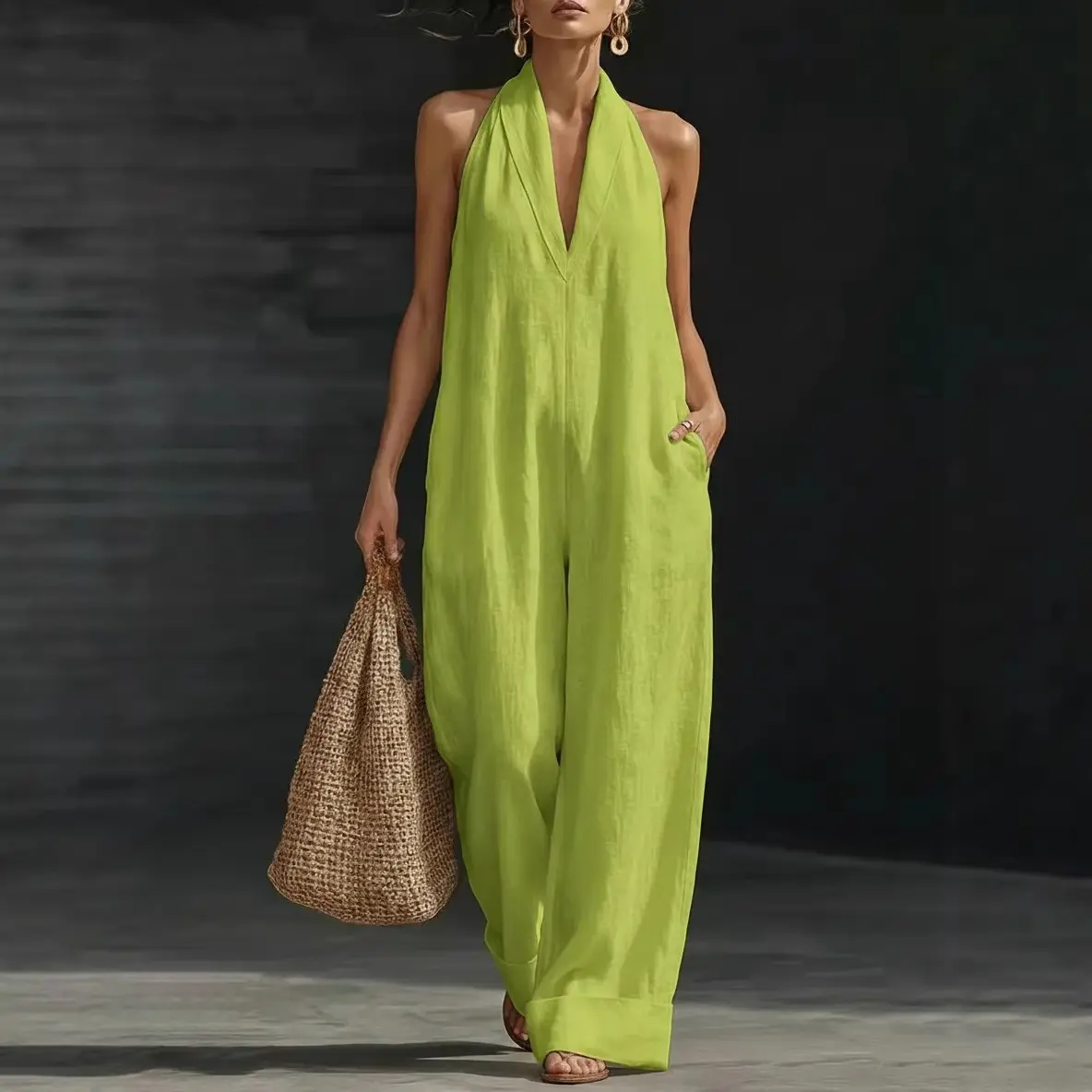 2026 Plus Size New Arrival Simple And Comfortable Linen Jumpsuit For Women Men， Get a free necklace，Lightweight Breathable Casual Daily Wear Jumpsuits In White Black Burgundy Green Multiple Colors Available