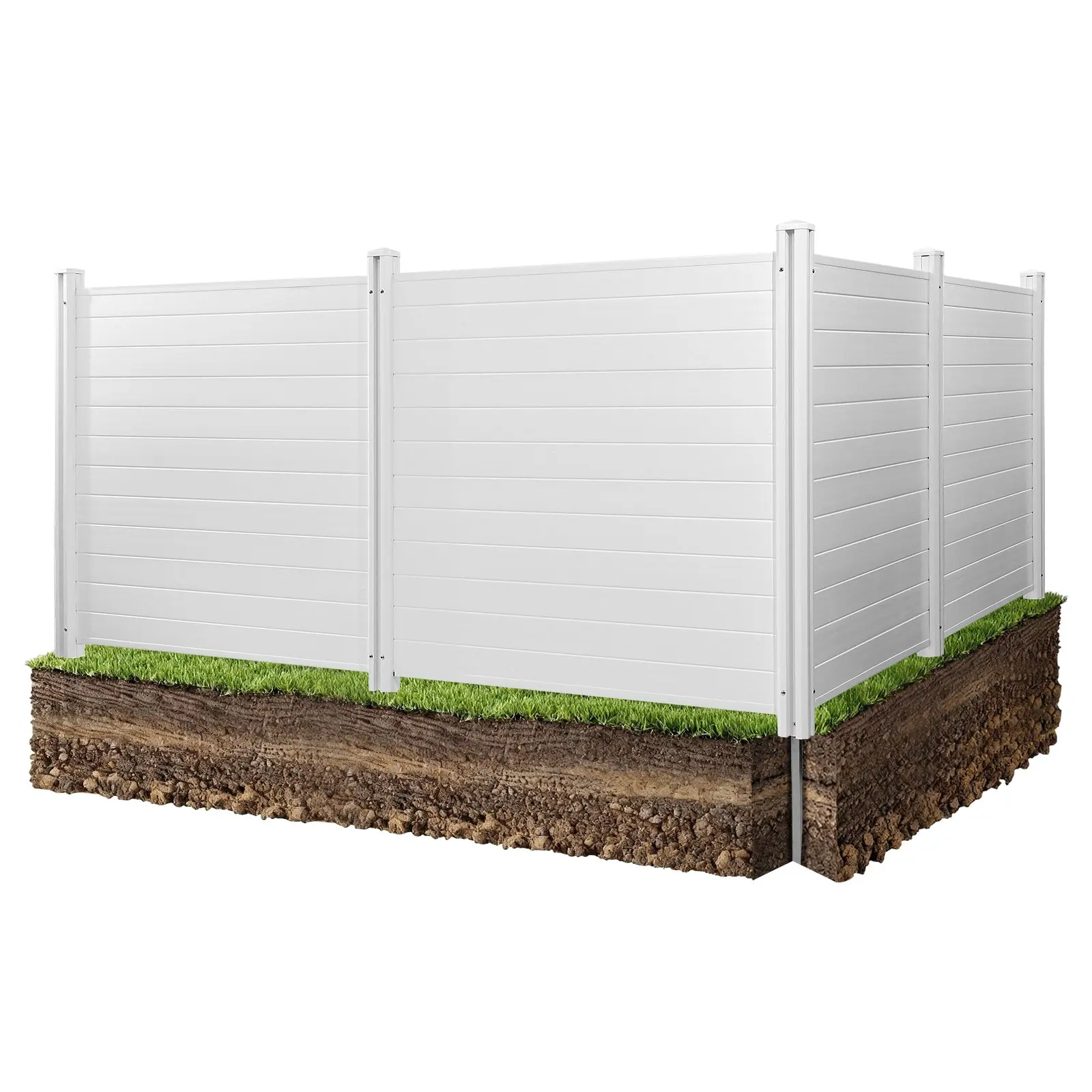 VEVOR Weatherproof 4-Panel Horizontal Slats PVC Vinyl Privacy Fence Set Pack, 50x50in Privacy Screen with 27.6in Ground Stakes, Hides Clutter, Ideal for A/C Units & Pool Equipment Enclosure, White