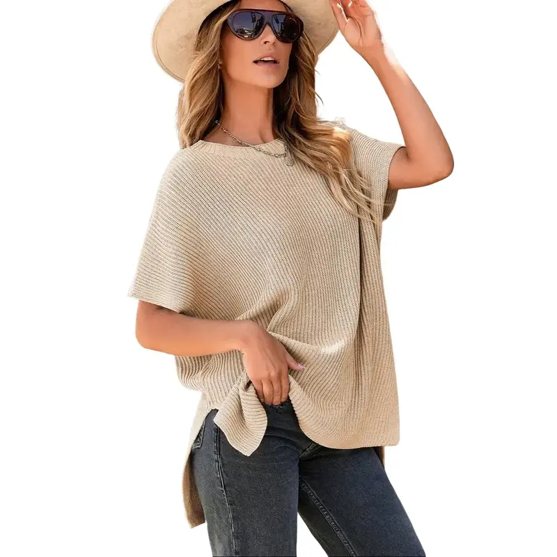 Women's Casual Oversized Solid Knit Pullover Sweater with Puff Short Sleeves, Round Neck and Side Slit, Lady, Piece, Elegance,back to school,back to school shopping, Women's Clothes