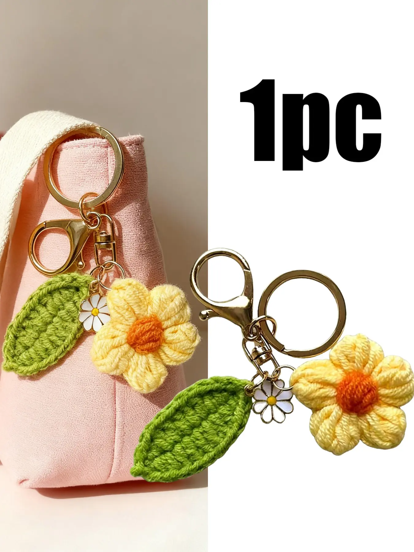 1pc handmade cream puff flower and green leaf keychain, featuring a plant leaf pattern. Casual, cute, and elegant, suitable for use as a car key, apartment key, bag charm, or backpack charm.