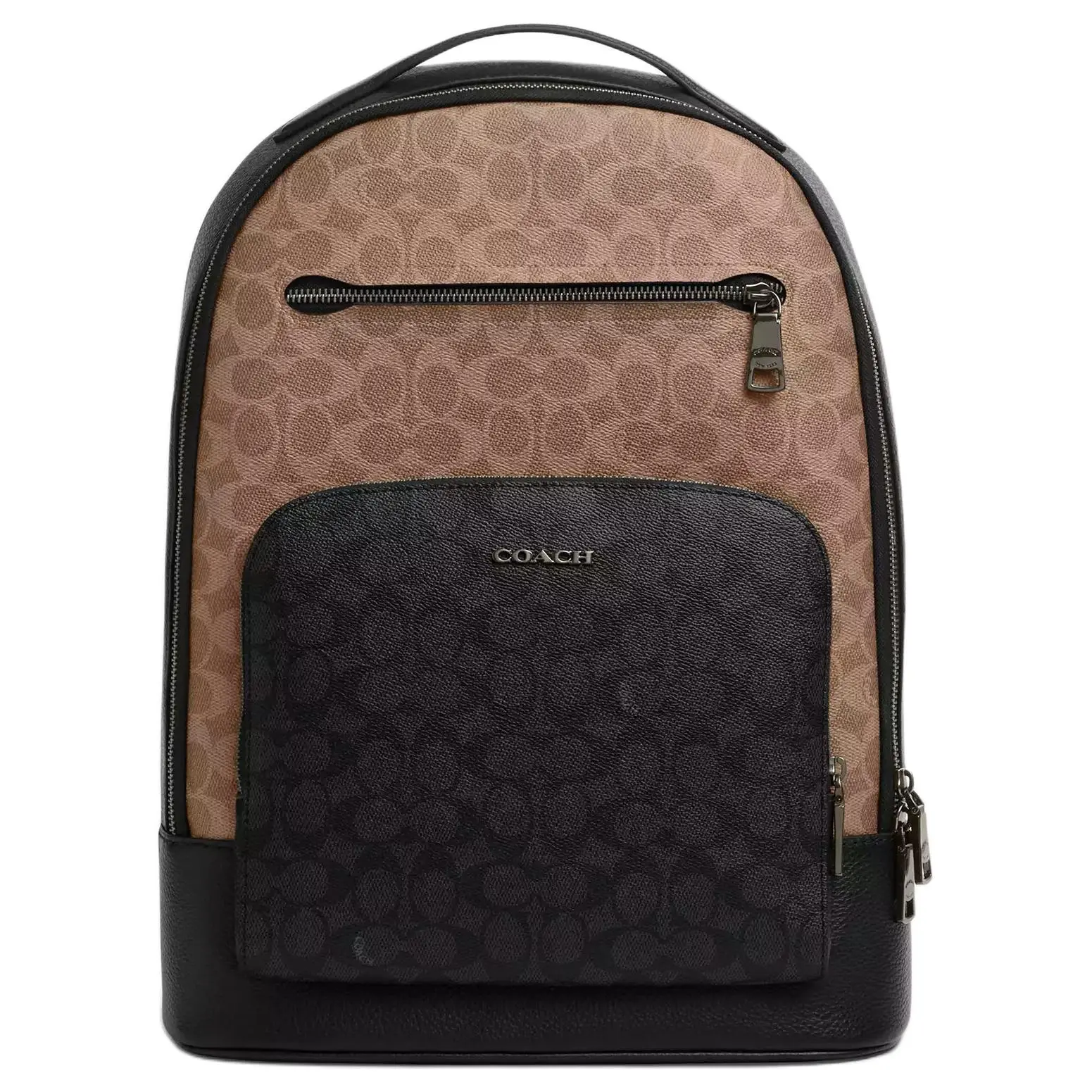 Coach Ethan 32 Backpack – Unisex Large Crossbody Bag with Metallic Logo, Color-Blocked Coated Canvas and Leather, Tan and Charcoal