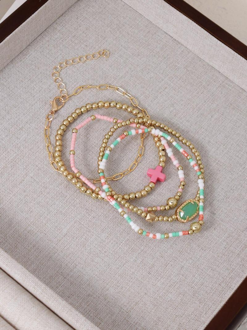 Colorful Stacking Bracelet Set, Stackable Bracelets, Fashionable Cross & Beaded Design Bracelets for Women & Girls, Casual Trendy Accessories for Party and Daily Life,Christmas Gifts For GF