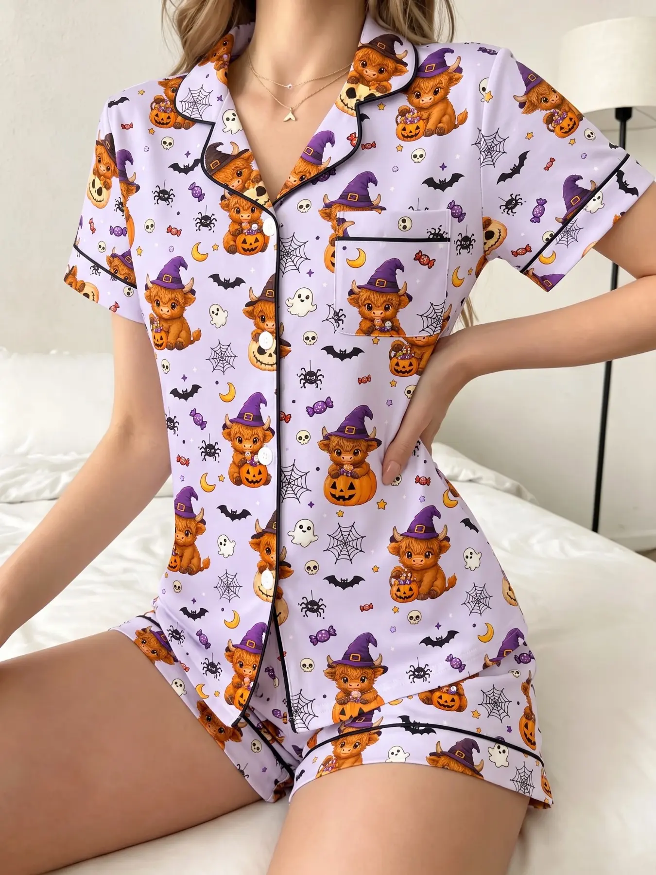 Women's Pajama Set, Halloween Bull Pattern, Comfortable Nightwear, Soft Fabric, Casual Style, Short Sleeve, Above the Knee, 2-Piece Set