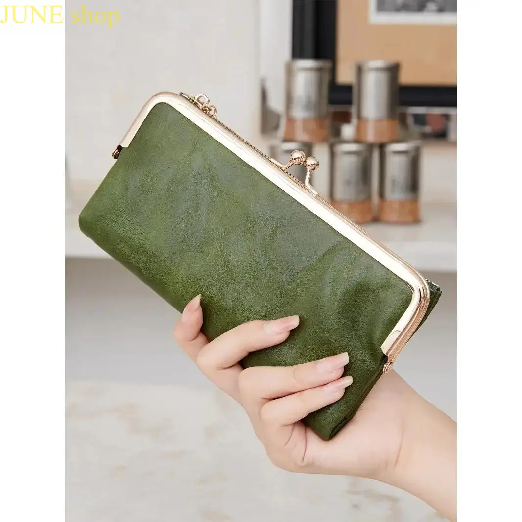 Women's Retro Lightweight Plain Kiss Lock Long Wallet - Double Fold Multi-Card Organizer with Zippered Pockets, Large Capacity Portable Purse for Daily Commute & Shopping (Wallets for Women), Classic Silhouette, Casual, High-Capacity
