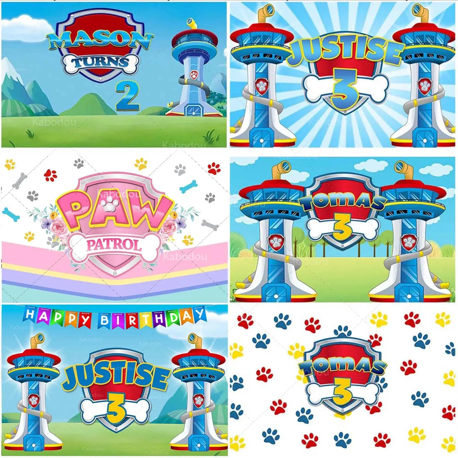 Dog Paw Bone Party Backdrop Paw Patrol Watchtower Birthday Background Cloth Custom Name Age Baby Shower Banner Poster Photo Studio