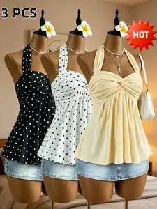 Vintage Summer Halter Neck Set, Deep V-Neck Design, Ruched Front Detail, High-Waisted A-Line, Three-Piece, Perfect for Warm Weather