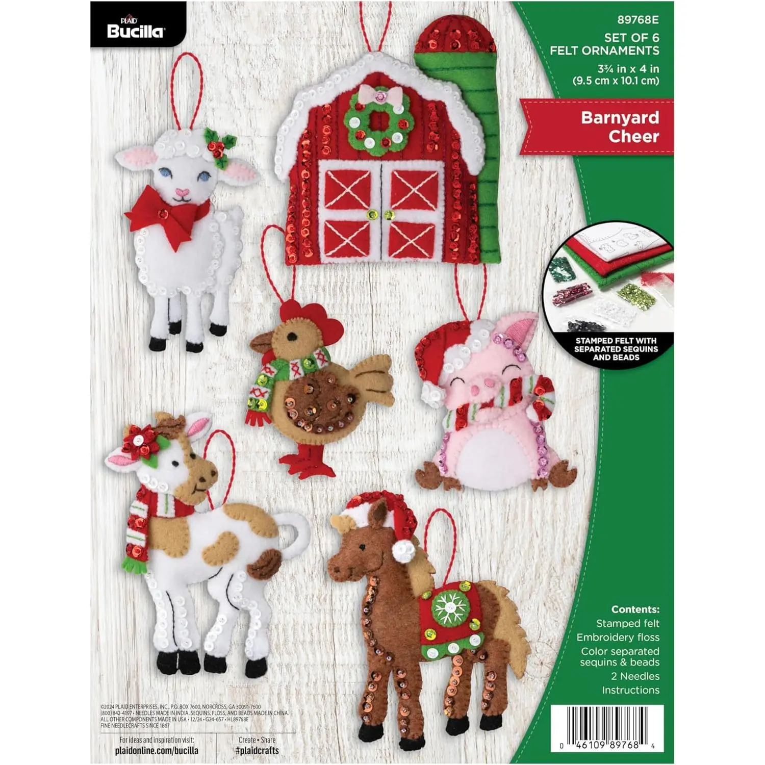 Felt Applique 6 Piece Ornament Making Kit, Barnyard Cheer, Perfect for DIY Arts and Crafts