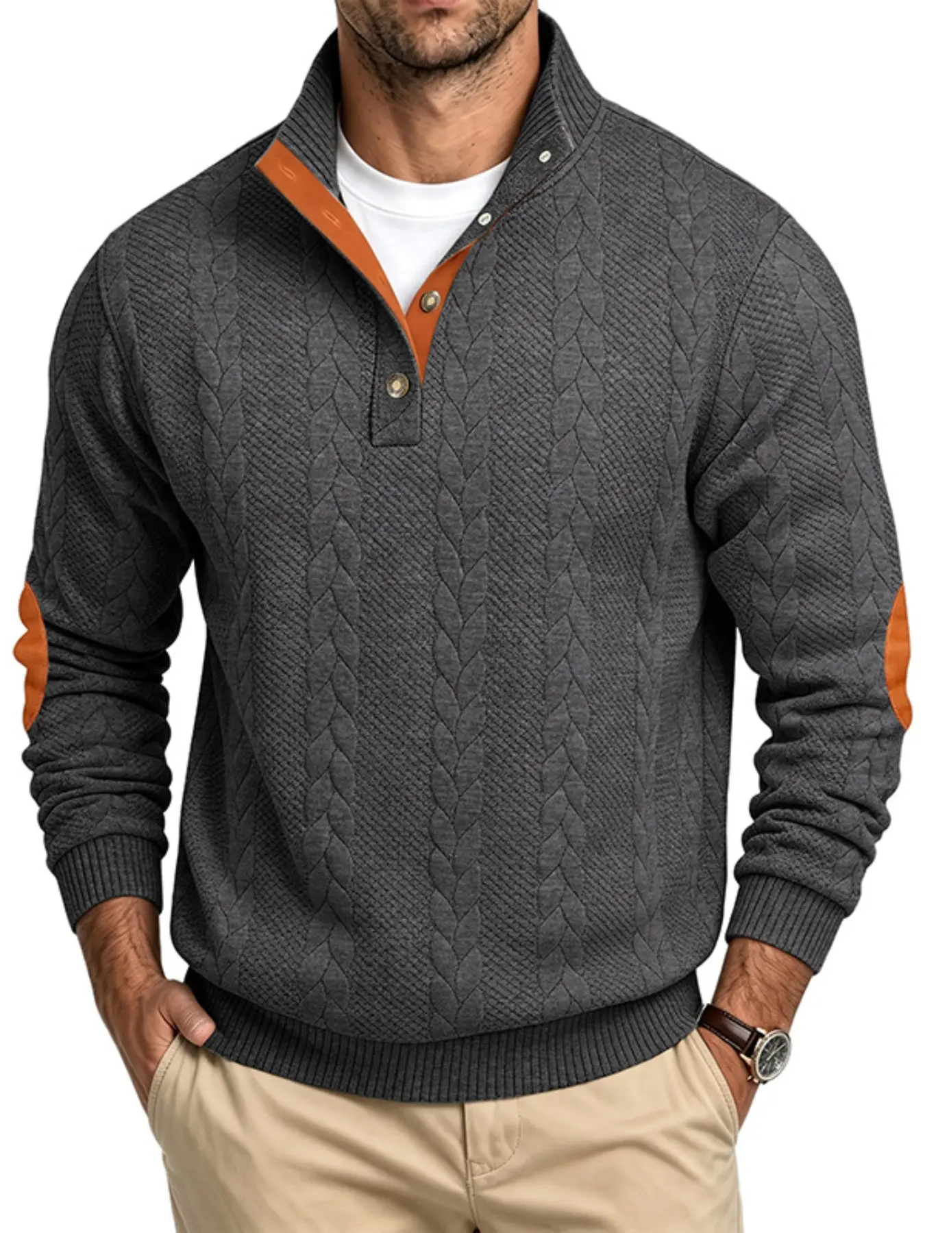 Men's Spring Fall Retro Texture Pullover Sweatshirt, Menswear Long Sleeve Knitwear Patchwork Button Stand Collar Knit Top, Elbow Patches, Multiple Colors and Sizes