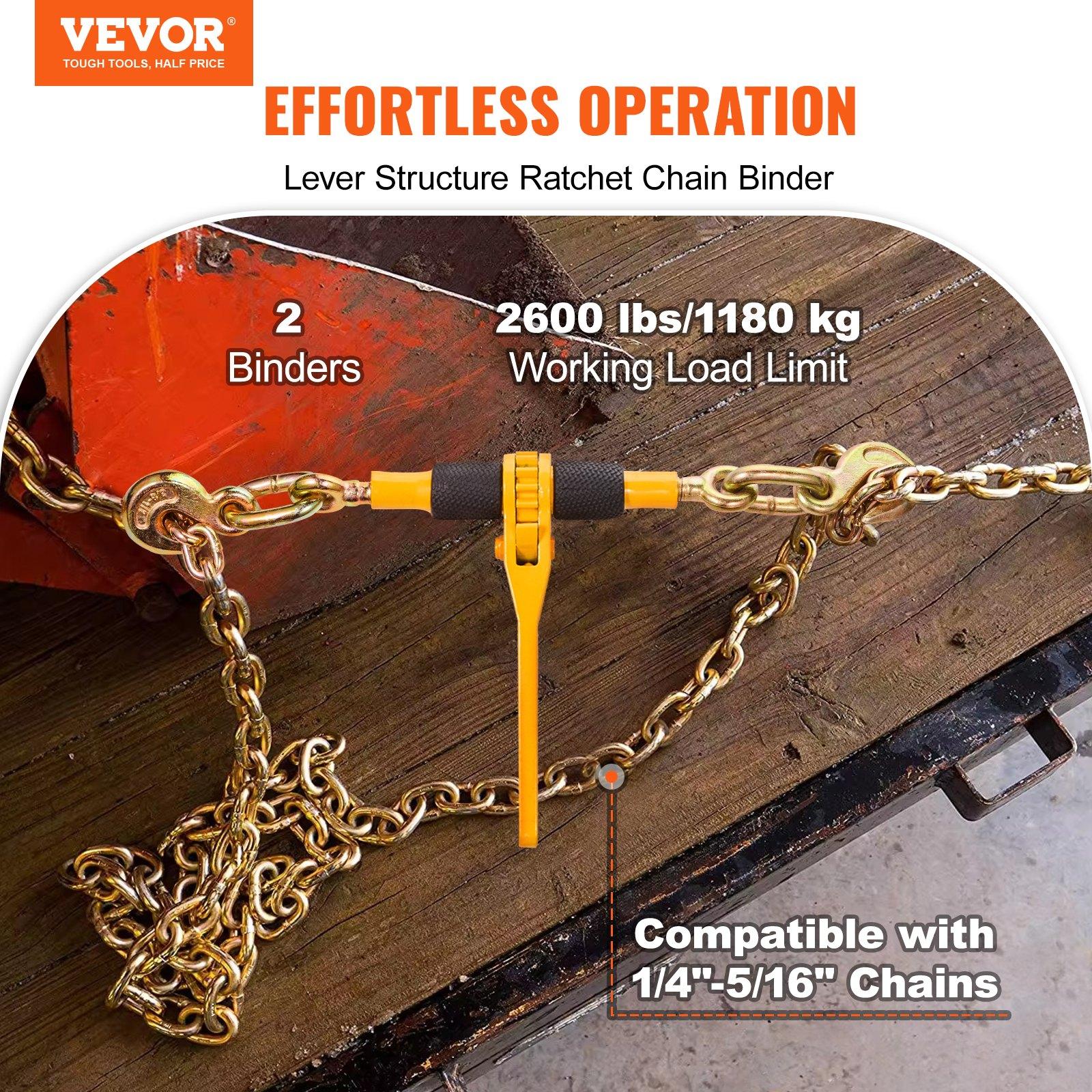 VEVOR Ratchet Chain Binders, 1/4"-5/16", 2600 lbs Safe Working Load, 2 Pack Load Binder with 2 Grab Hooks, Tie Downs for Transport Chain, Heavy Duty Tow Chain Ratchet Binders for Flatbed Truck Trailer VEVOR Ratchet Chain Binders, 1/4"-5/16", 2600 lbs Safe Working Load, 2 Pack Load Binder with 2 Grab Hooks, Tie Downs for Transport Chain, Heavy Duty Tow Chain Ratchet Binders for Flatbed Truck Trailer