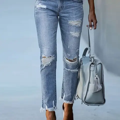 Women's Vintage Washed Denim Jeans, Distressed Holes, Frayed Edges, Casual Slim-Fit, Button Fly, All Seasons, Street Style, Versatile Jeans