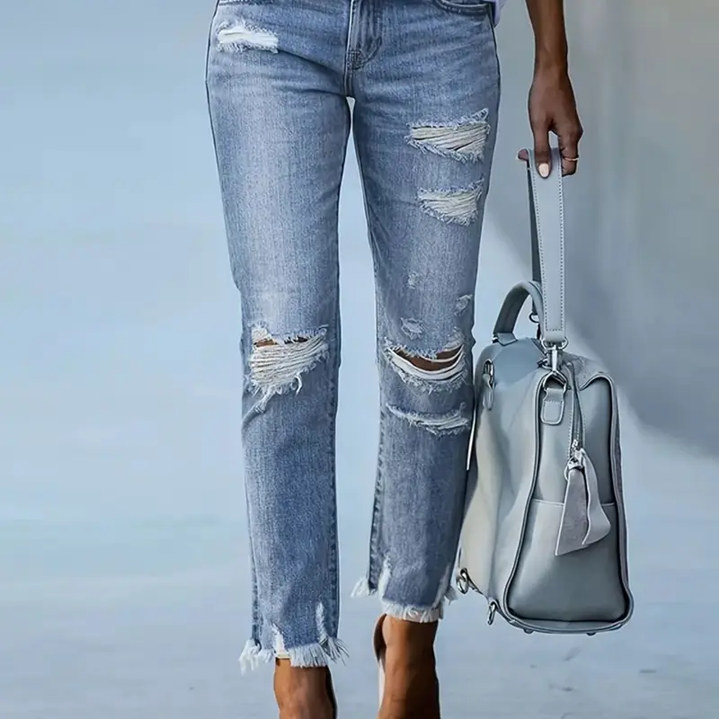 Women's Vintage Washed Denim Jeans, Distressed Holes, Frayed Edges, Casual Slim-Fit, Button Fly, All Seasons, Street Style, Versatile Jeans