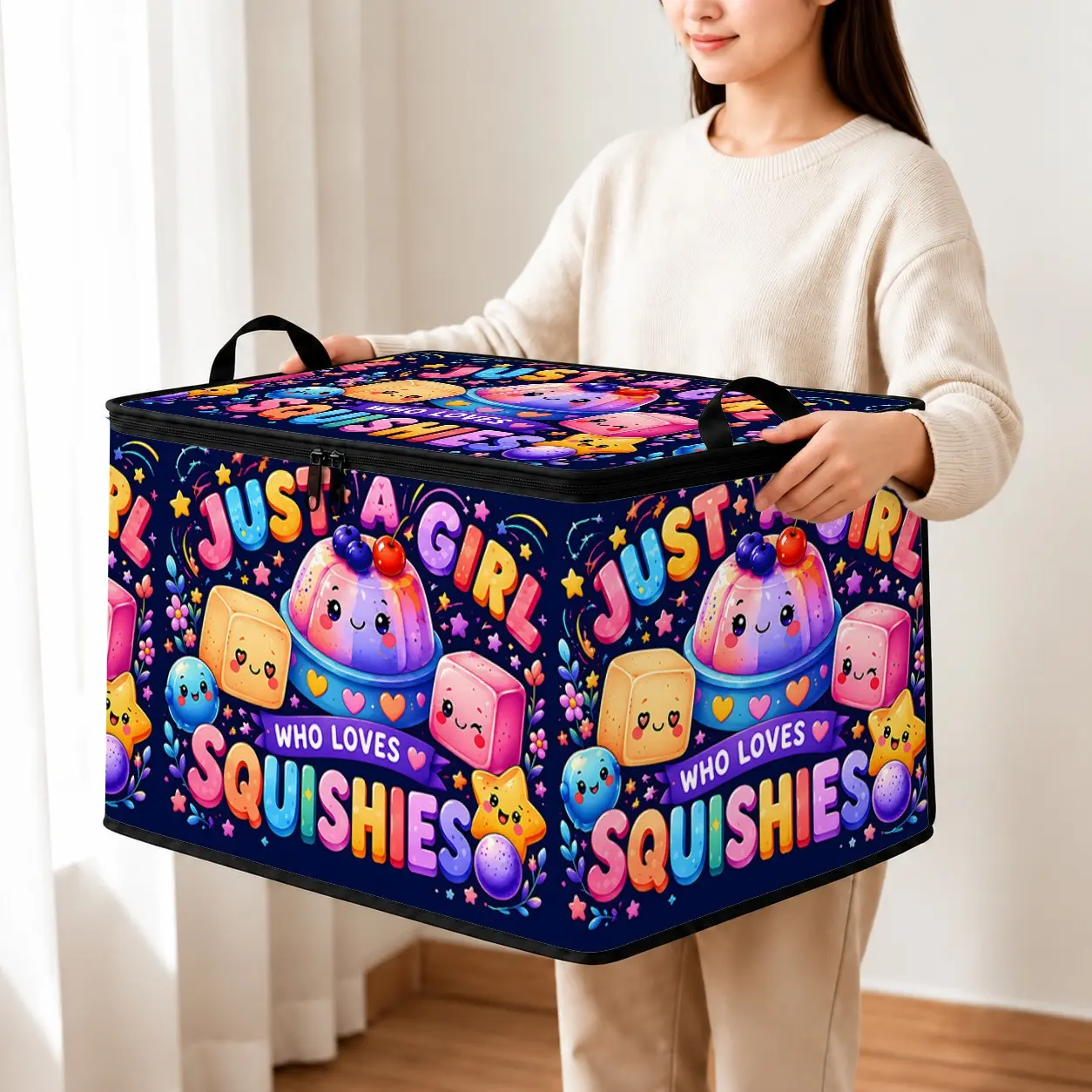 Large Capacity Zipper Storage Bin, Soft Fabric Foldable Organizer Box, Cute Jelly Dessert & Star Design, Multipurpose Container for Clothes, Toys, Gifts