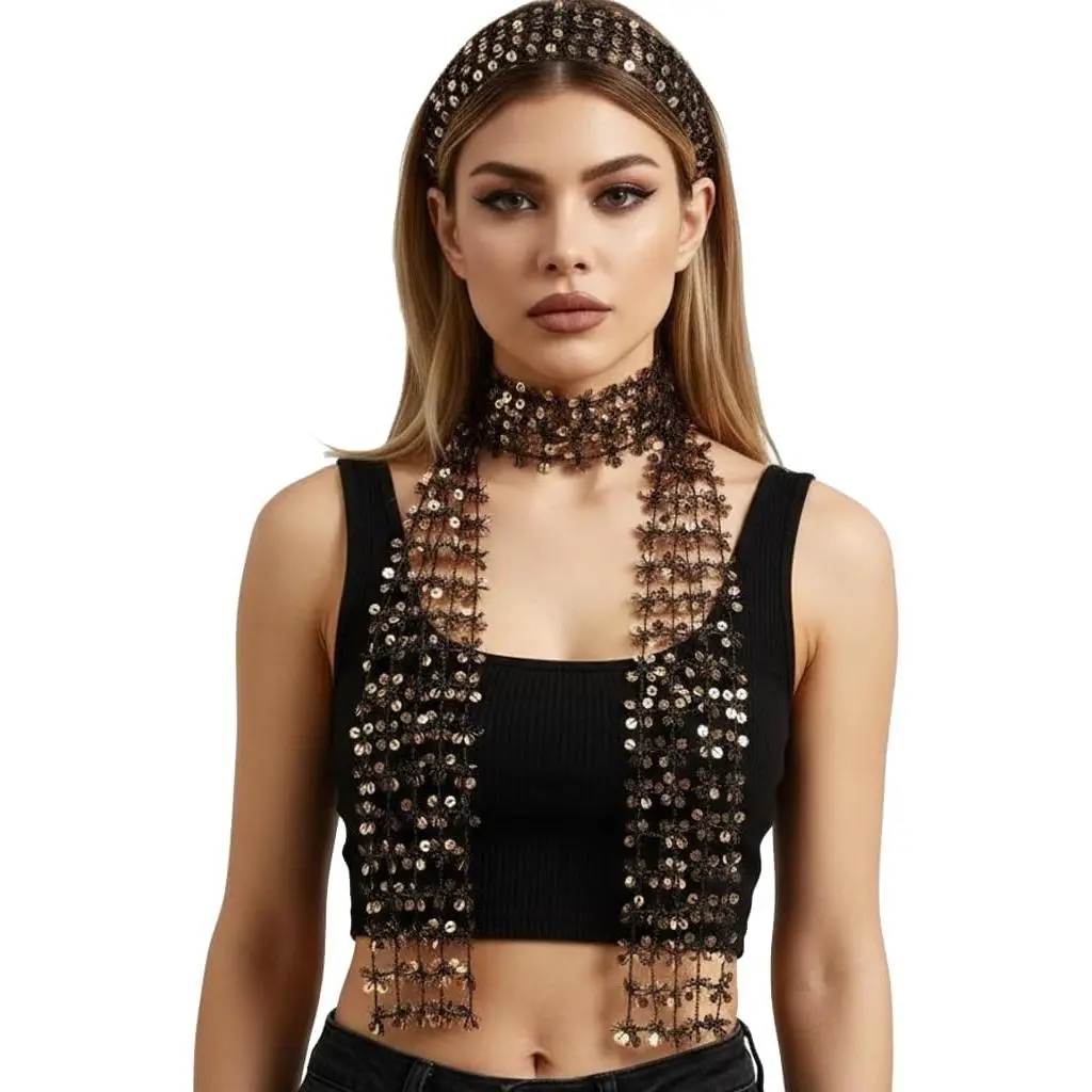 Women's Sparkle Sequin Fishnet Scarf - Gothic Skinny Necktie, Synthetic Fabric Party Wear Fashion Headband Accessory (3.9x59 in)