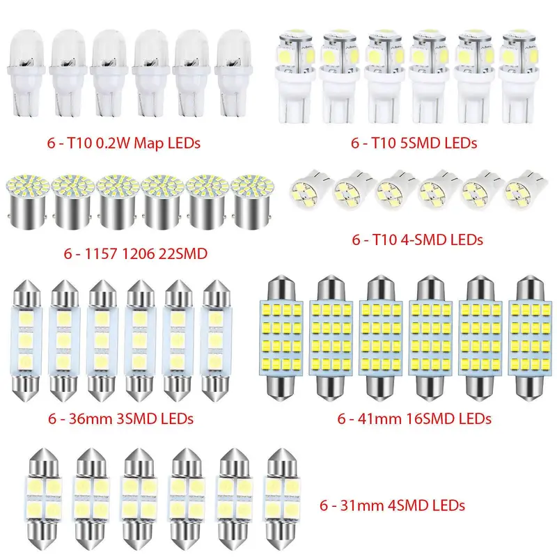 42PCS 6500K Bright White Universal Fit Car Interior Light Bulb Set, Energy Efficient Replacement for Dome, Map, Trunk, License Plate Lights
