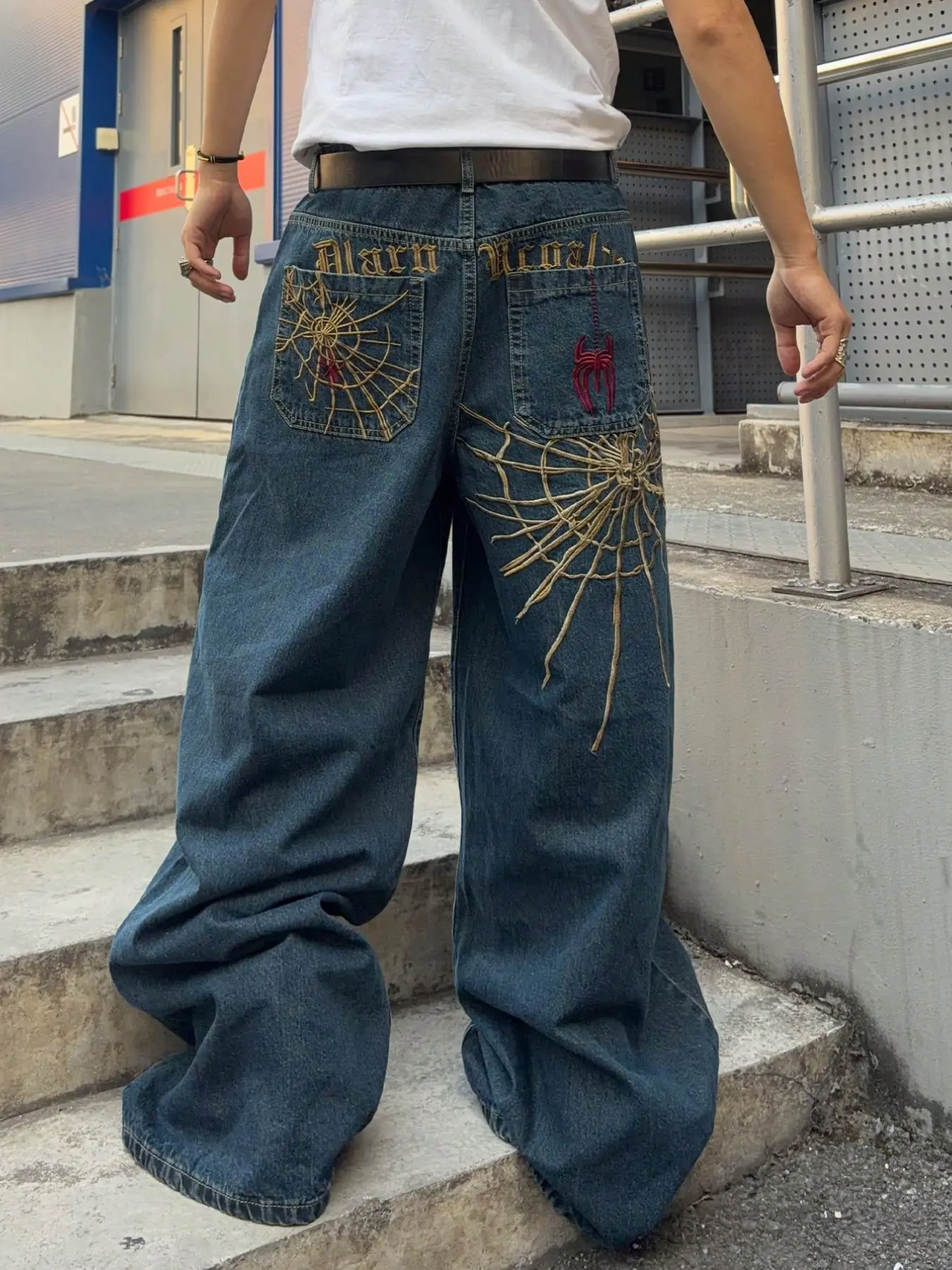Y2K Spider Web Embroidered Wide Leg Jeans, American Vintage Street Hip Hop Loose Fit, Unisex Drop Crotch, All Seasons