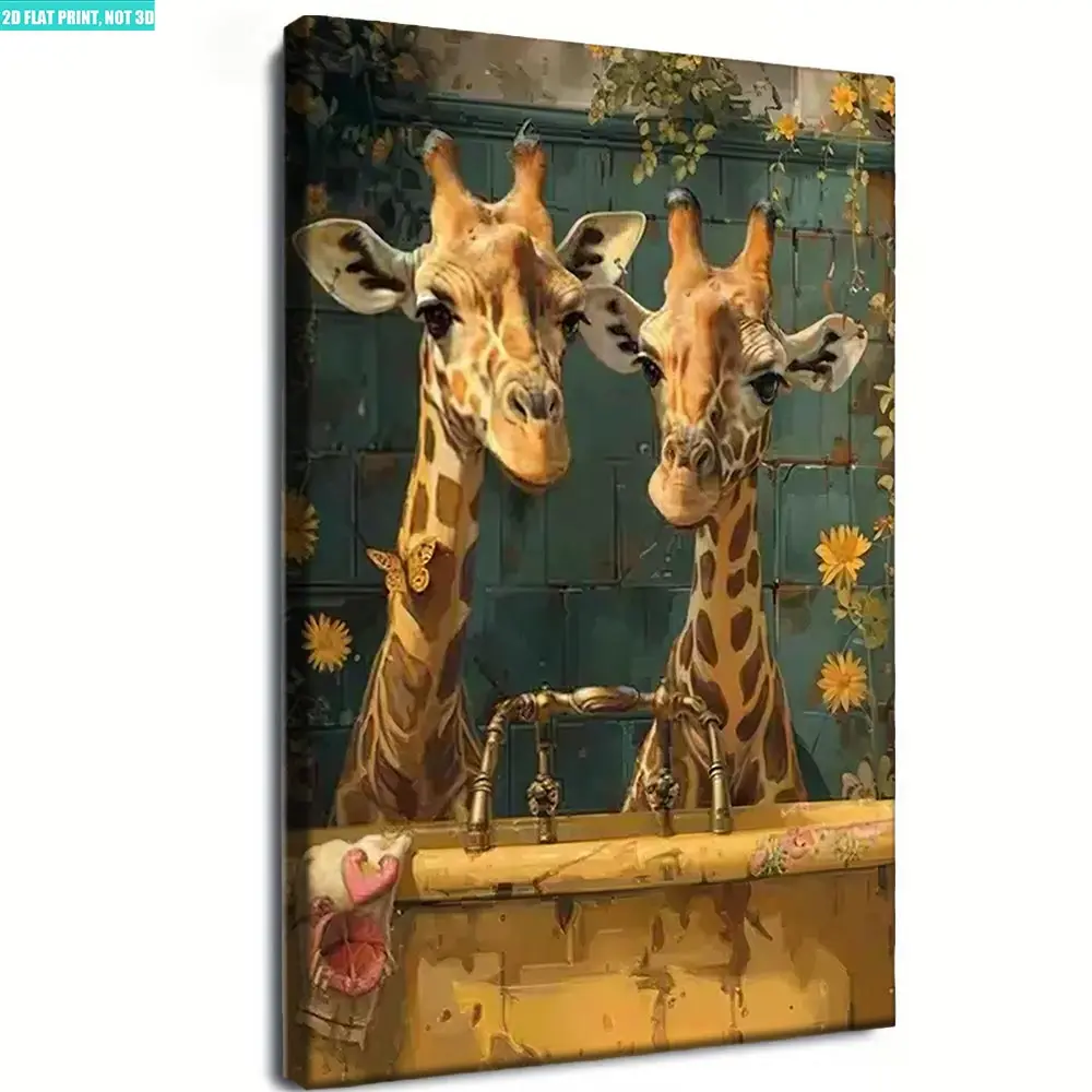 2D flat canvas artwork of couple giraffes designed for bathroom walls, fun animal bath wall decor suitable for nursery, an adorable wall art gift for both kids and adults Personalized Pet Portrait Print unique art decoration